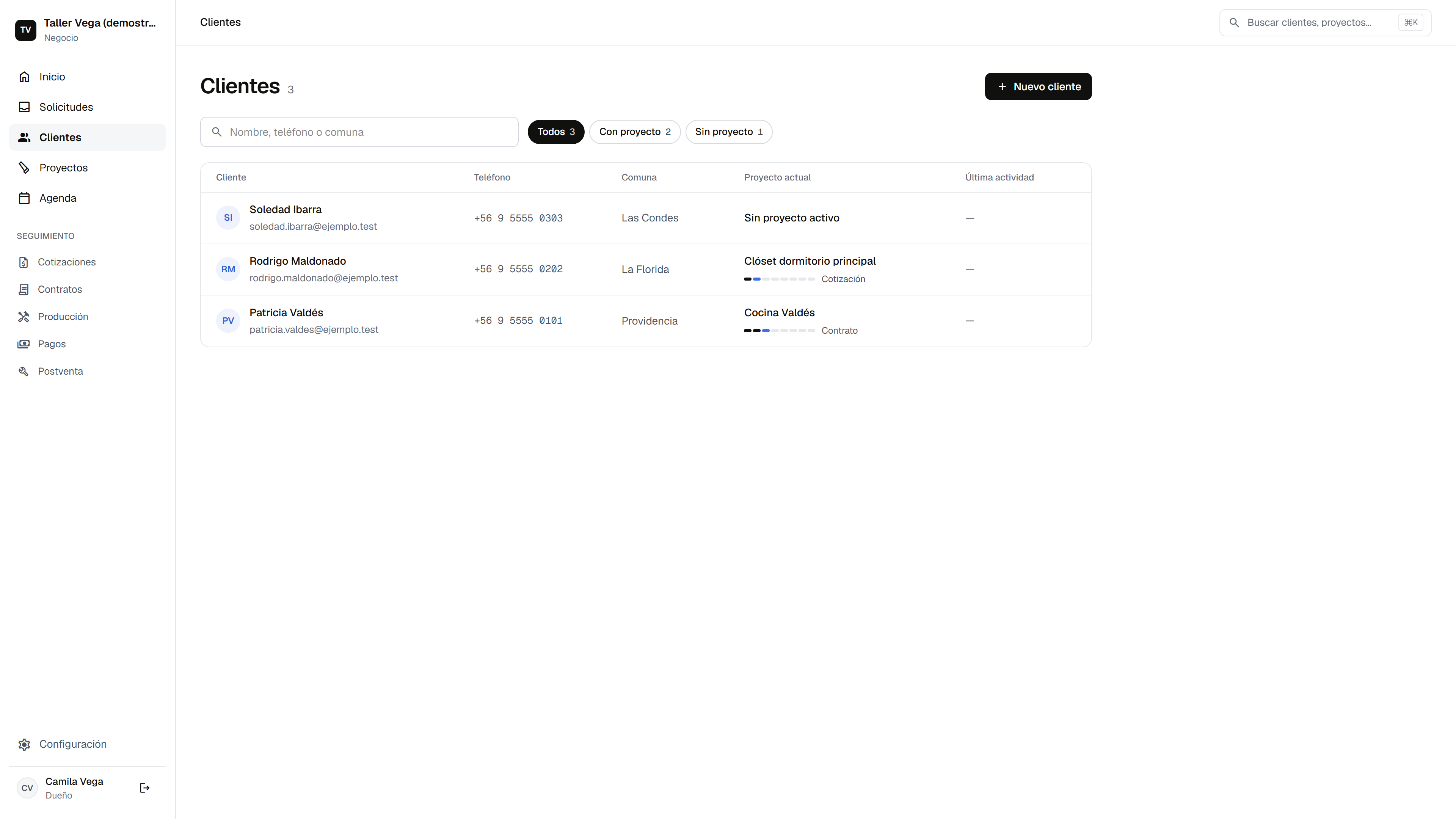 Lista de clientes de KODAX con teléfono, comuna, proyecto actual y última actividad