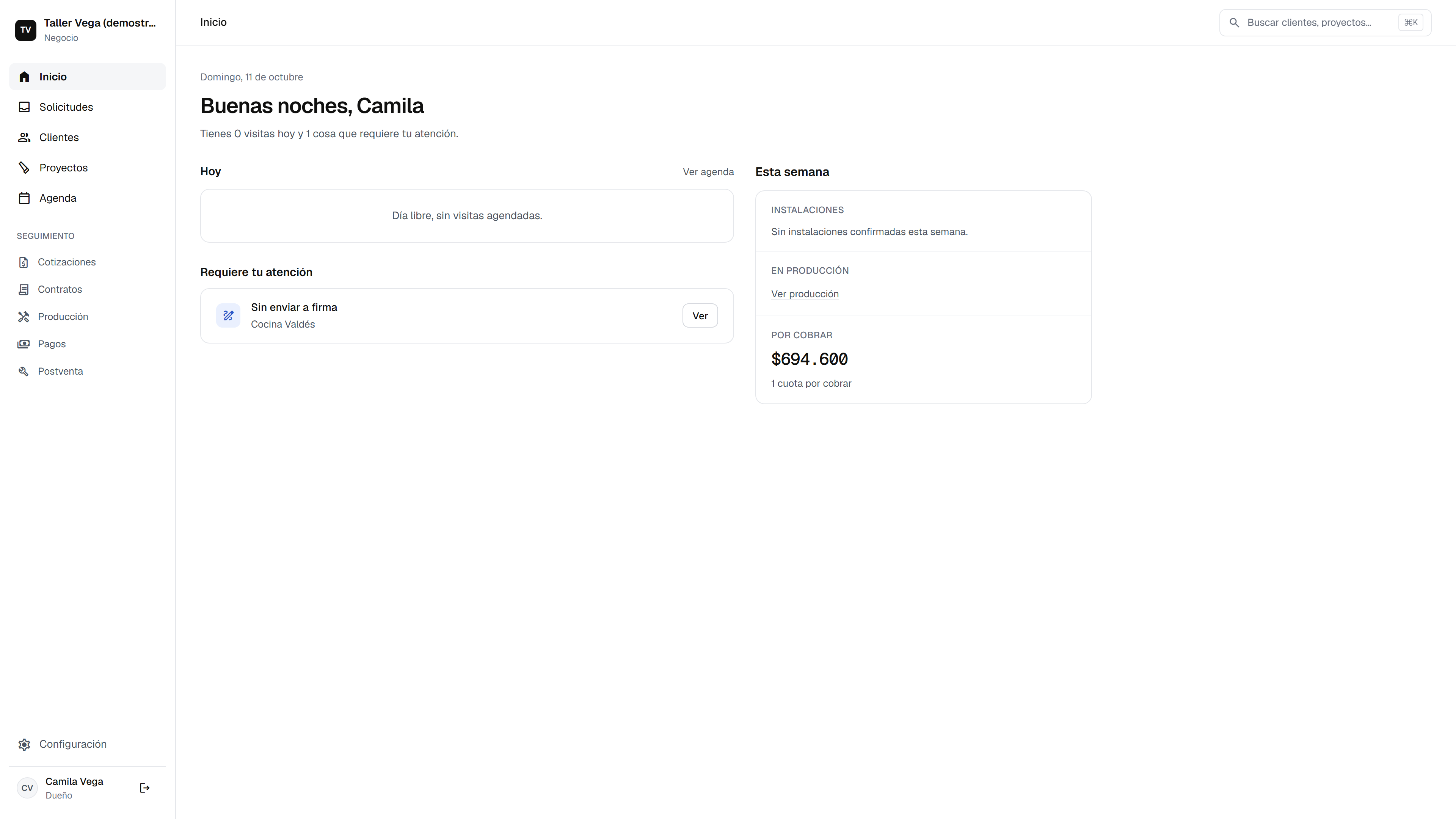 Inicio de KODAX: visitas de hoy, tareas que requieren atención, instalaciones de la semana y monto por cobrar